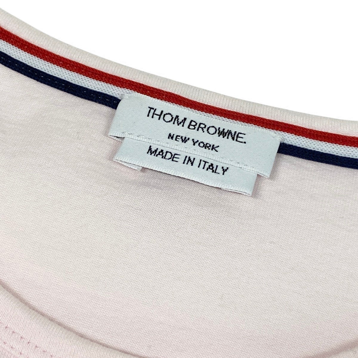 THOM BROWNE トムブラウン クルーネック ポケットTシャツ グログランテープ ピンク コットン 半袖Ｔシャツ メンズ AB