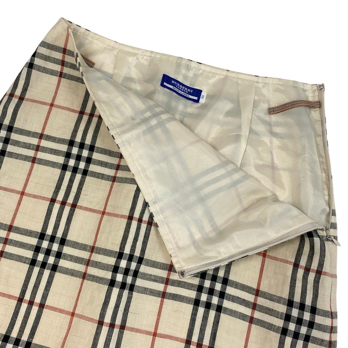 BURBERRY BLUE LABEL バーバリーブルーレーベル ノバチェック 裾フリル 膝丈 リネンブレンド ベージュ 麻・リネン / ポリエステル / ヘンプ スカート レディース AB