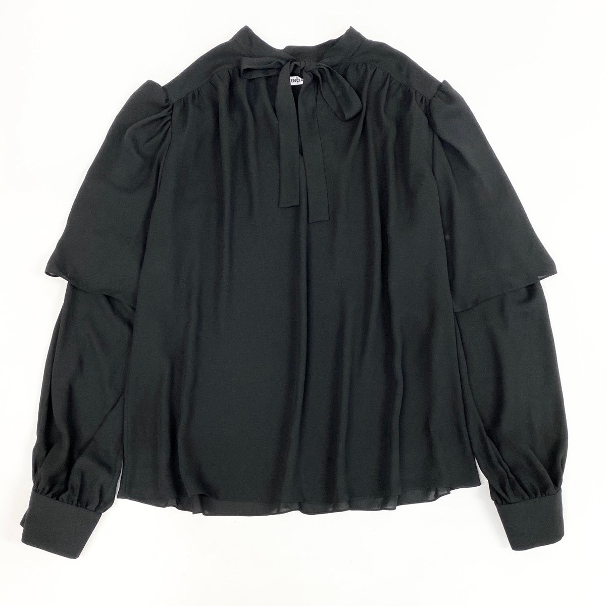 BALENCIAGA バレンシアガ ボウタイブラウス シフォンブラウス リボン 袖レイヤード 長袖 ブラック ポリエステル 605713 ブラウス レディース AB