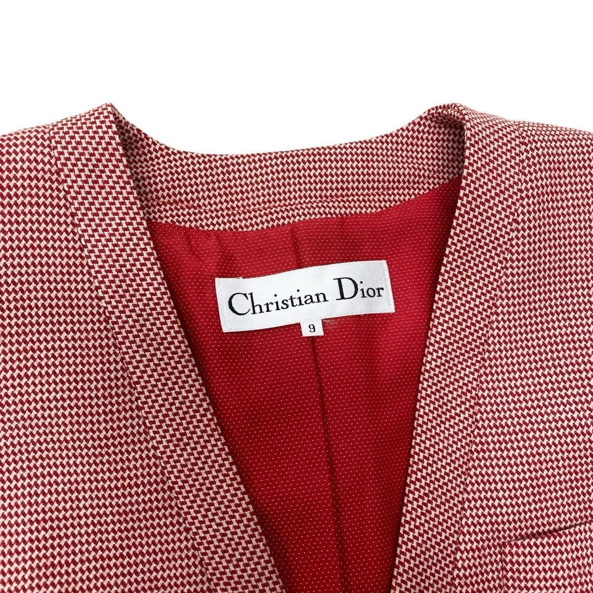 Christian Dior クリスチャンディオール 総柄 レッド ホワイト ウール ノーカラージャケット レディース AB