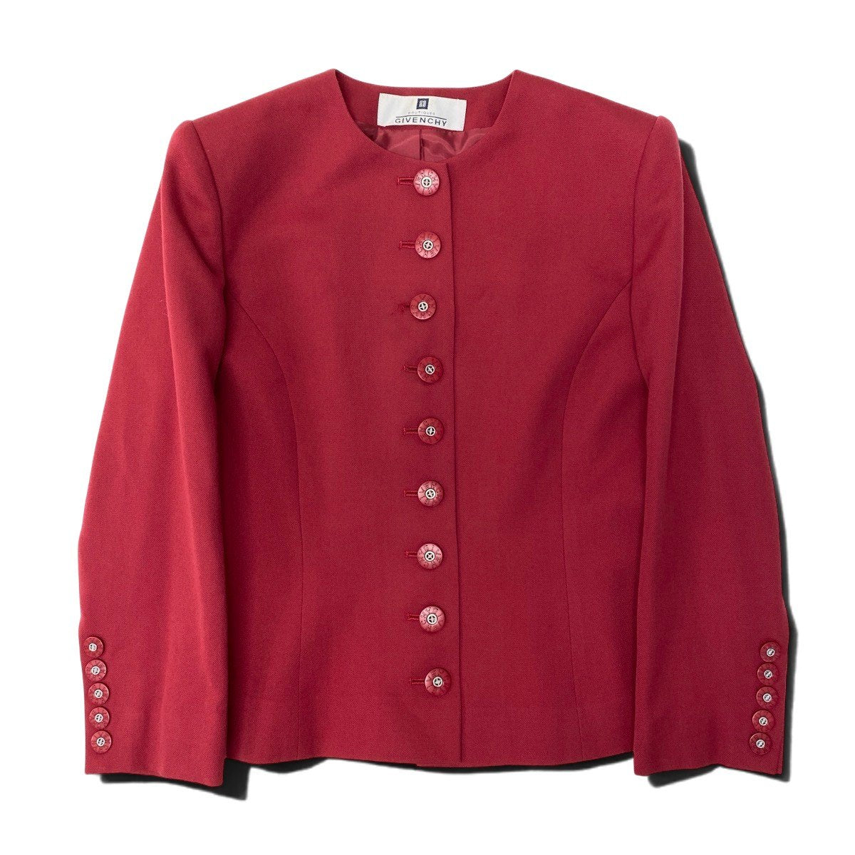 GIVENCHY ジバンシィ ロゴボタン レッド ウール ノーカラージャケット レディース AB