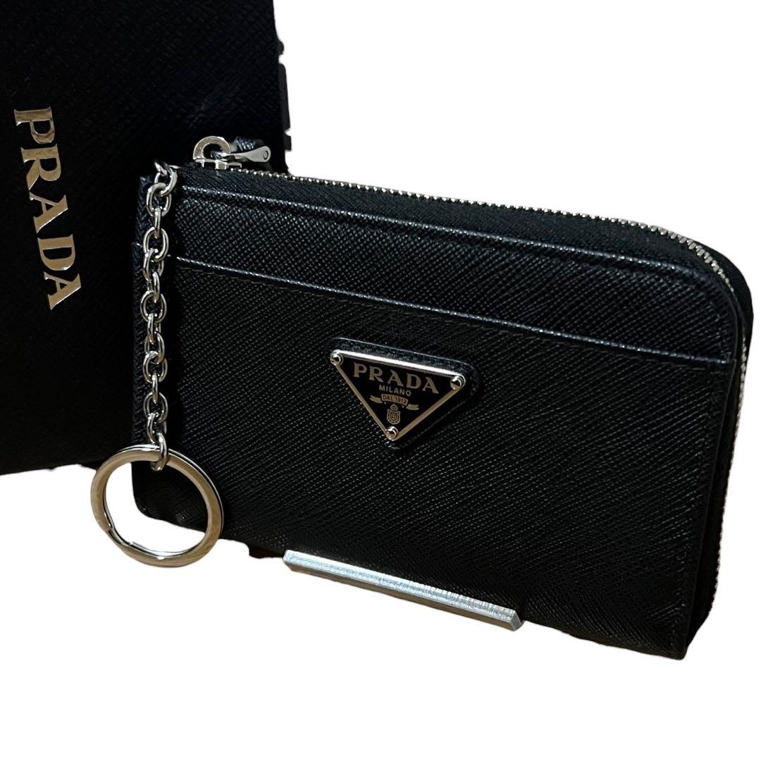 PRADA プラダ サフィアーノ 三角ロゴプレート ブラック シルバー金具 レザー コインケース 小銭入れ メンズ N