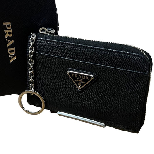 PRADA Saffiano Triangle Logo Plate Black Silver Hardware Leather Coin Purse Men's N