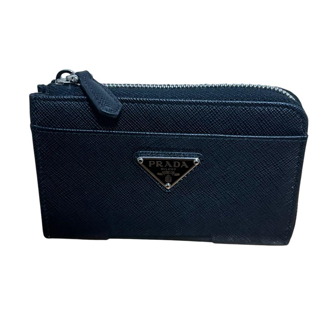 PRADA プラダ サフィアーノ 三角ロゴプレート ブラック シルバー金具 レザー コインケース 小銭入れ メンズ N
