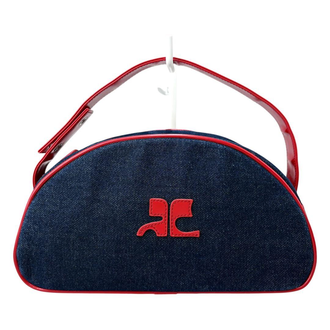 courreges Vintage Big Logo Dome-shaped Blue Red Cotton Denim Handbag Ladies AB