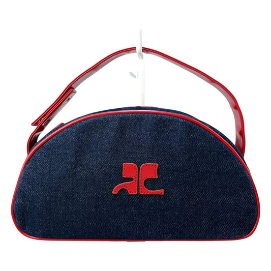 courreges クレージュ ヴィンテージ デカロゴ ドーム型 ブルー レッド コットンデニム ハンドバッグ レディース AB
