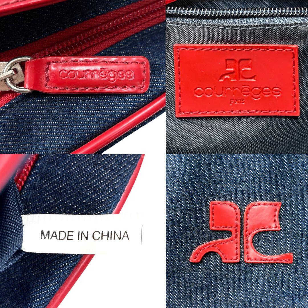 courreges Vintage Big Logo Dome-shaped Blue Red Cotton Denim Handbag Ladies AB