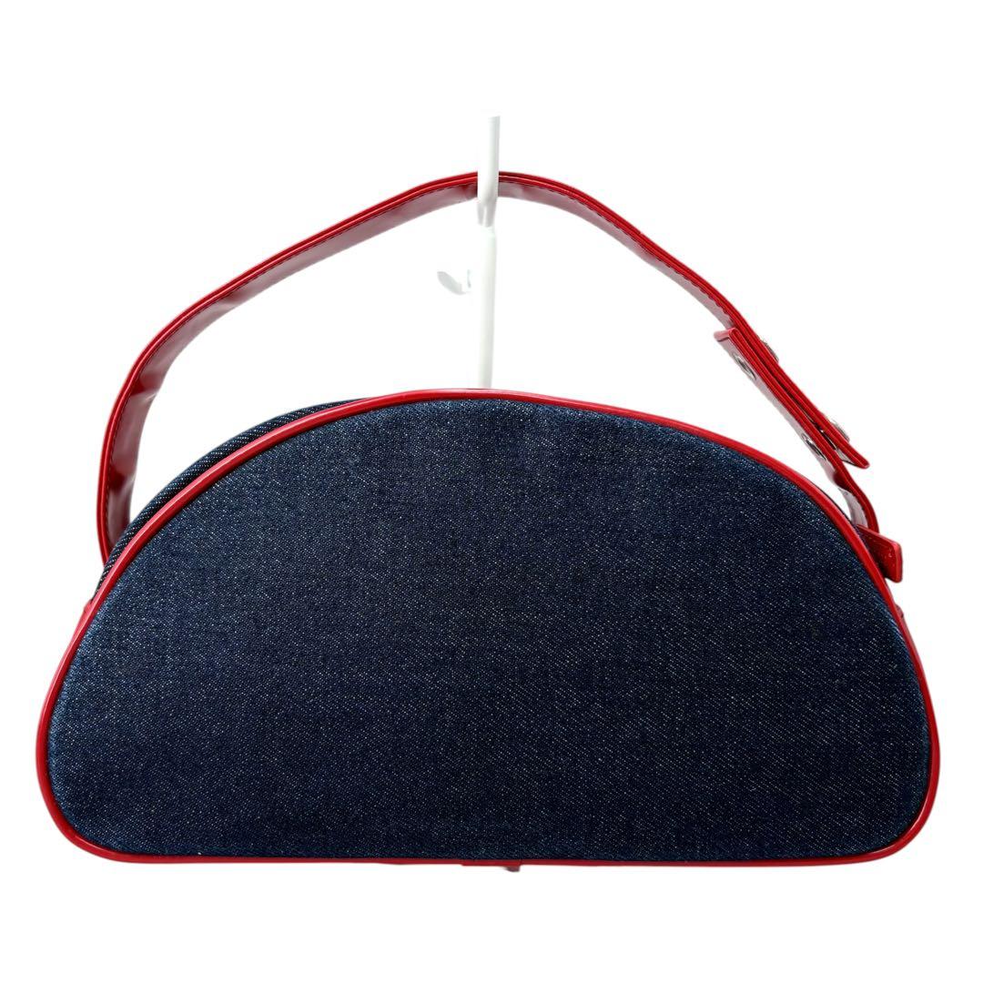 courreges Vintage Big Logo Dome-shaped Blue Red Cotton Denim Handbag Ladies AB