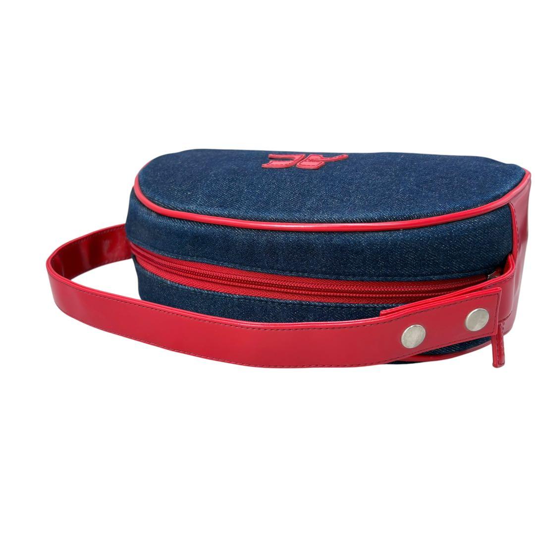 courreges Vintage Big Logo Dome-shaped Blue Red Cotton Denim Handbag Ladies AB