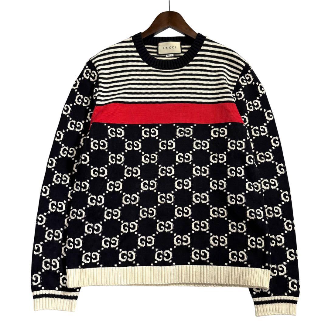 GUCCI グッチ GGジャガード プルオーバー ブラック ホワイト レッド コットン ニット メンズ AB