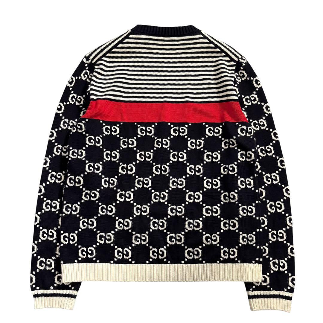 GUCCI グッチ GGジャガード プルオーバー ブラック ホワイト レッド コットン ニット メンズ AB
