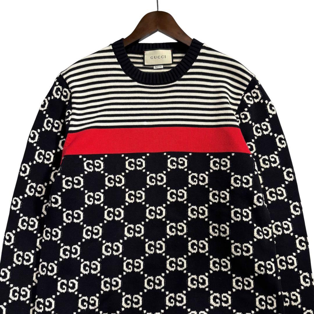 GUCCI グッチ GGジャガード プルオーバー ブラック ホワイト レッド コットン ニット メンズ AB