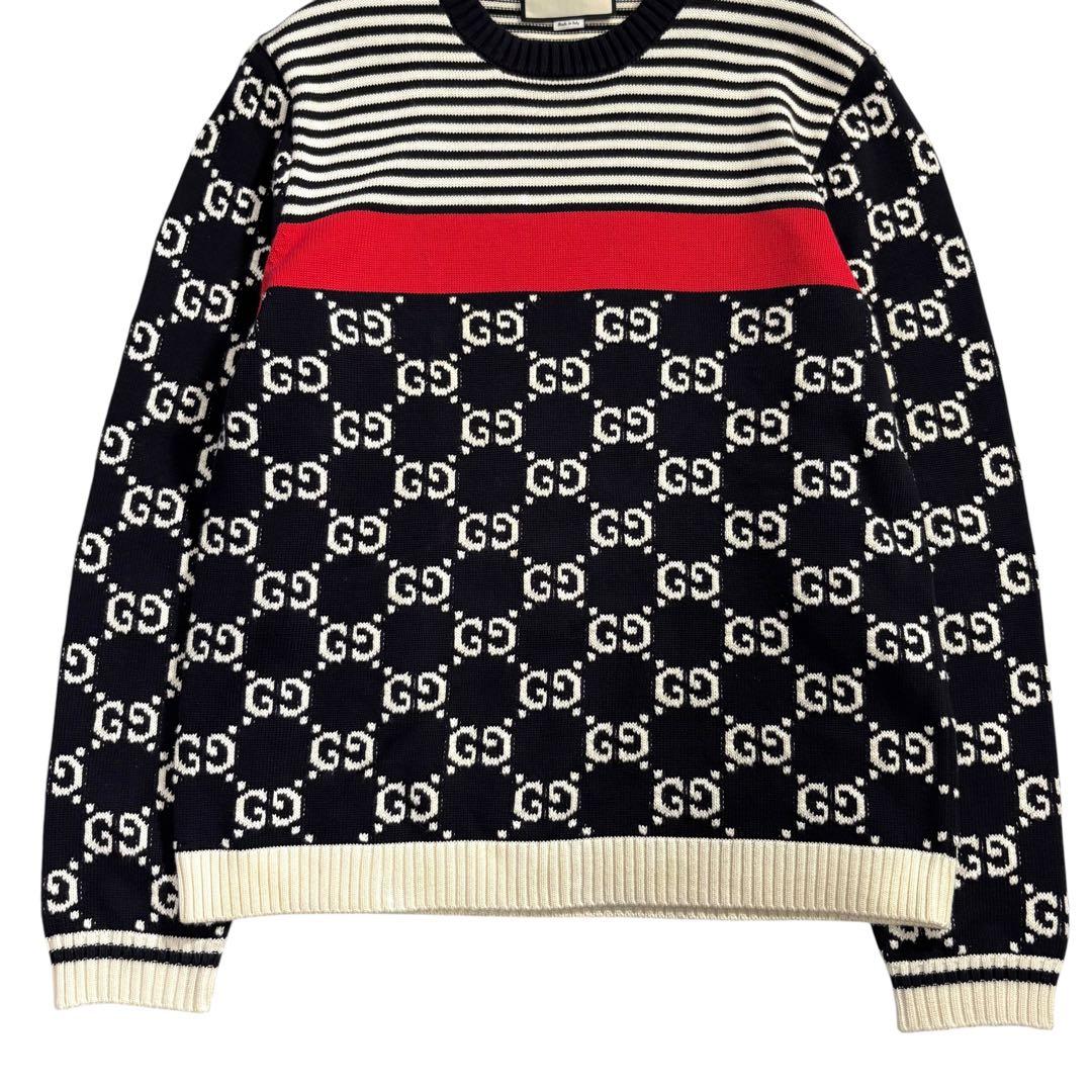 GUCCI グッチ GGジャガード プルオーバー ブラック ホワイト レッド コットン ニット メンズ AB