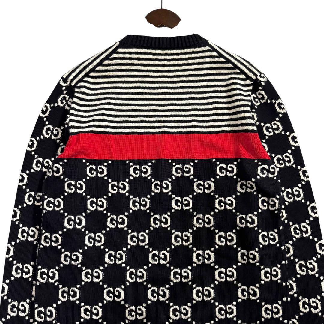 GUCCI グッチ GGジャガード プルオーバー ブラック ホワイト レッド コットン ニット メンズ AB