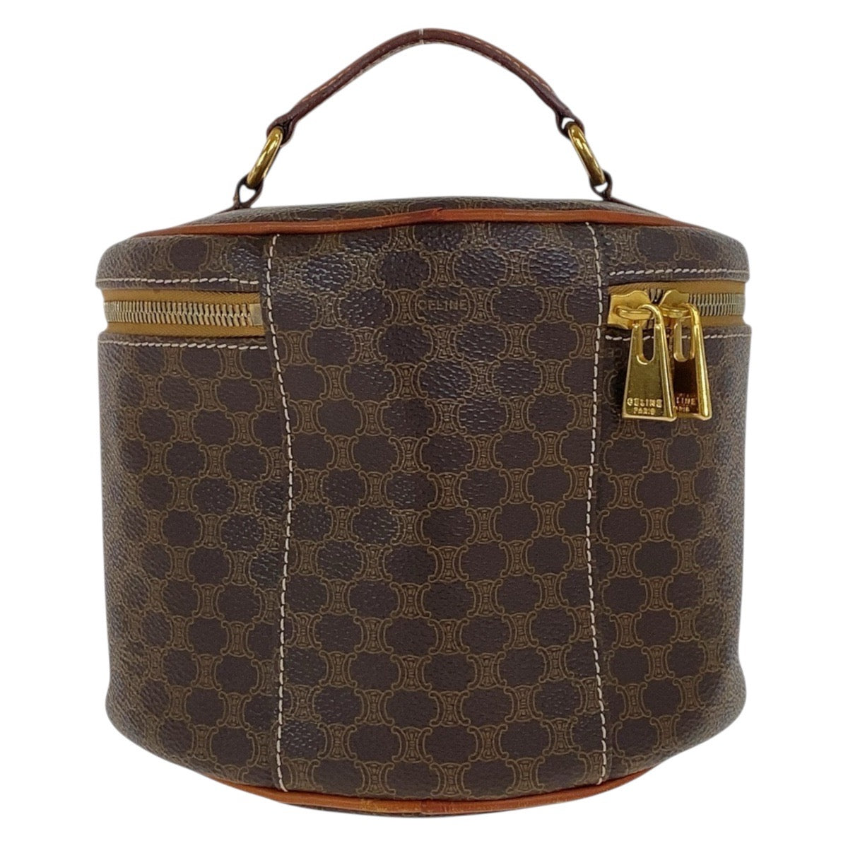 19573
CELINE セリーヌ ヴィンテージ マカダム ブラウン ゴールド金具 PVC ハンドバッグ ヴァニティバッグ  レディース AB27