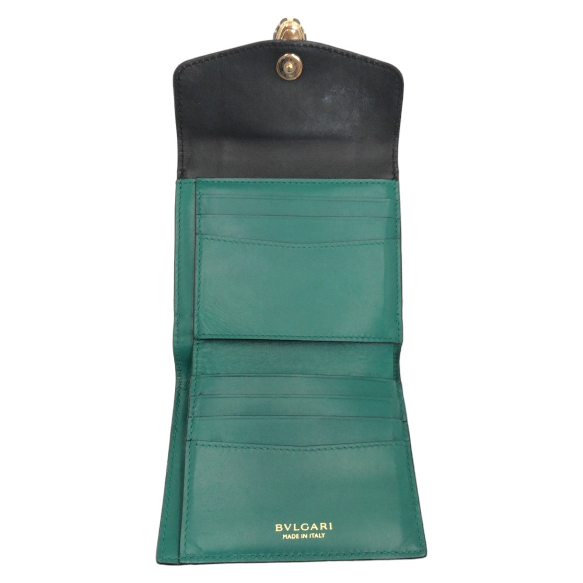 BVLGARI ブルガリ セルペンティ  ブラック 黒 グリーン 緑 ゴールド金具 レザー 三つ折り財布 折財布 コンパクトウォレット  レディース