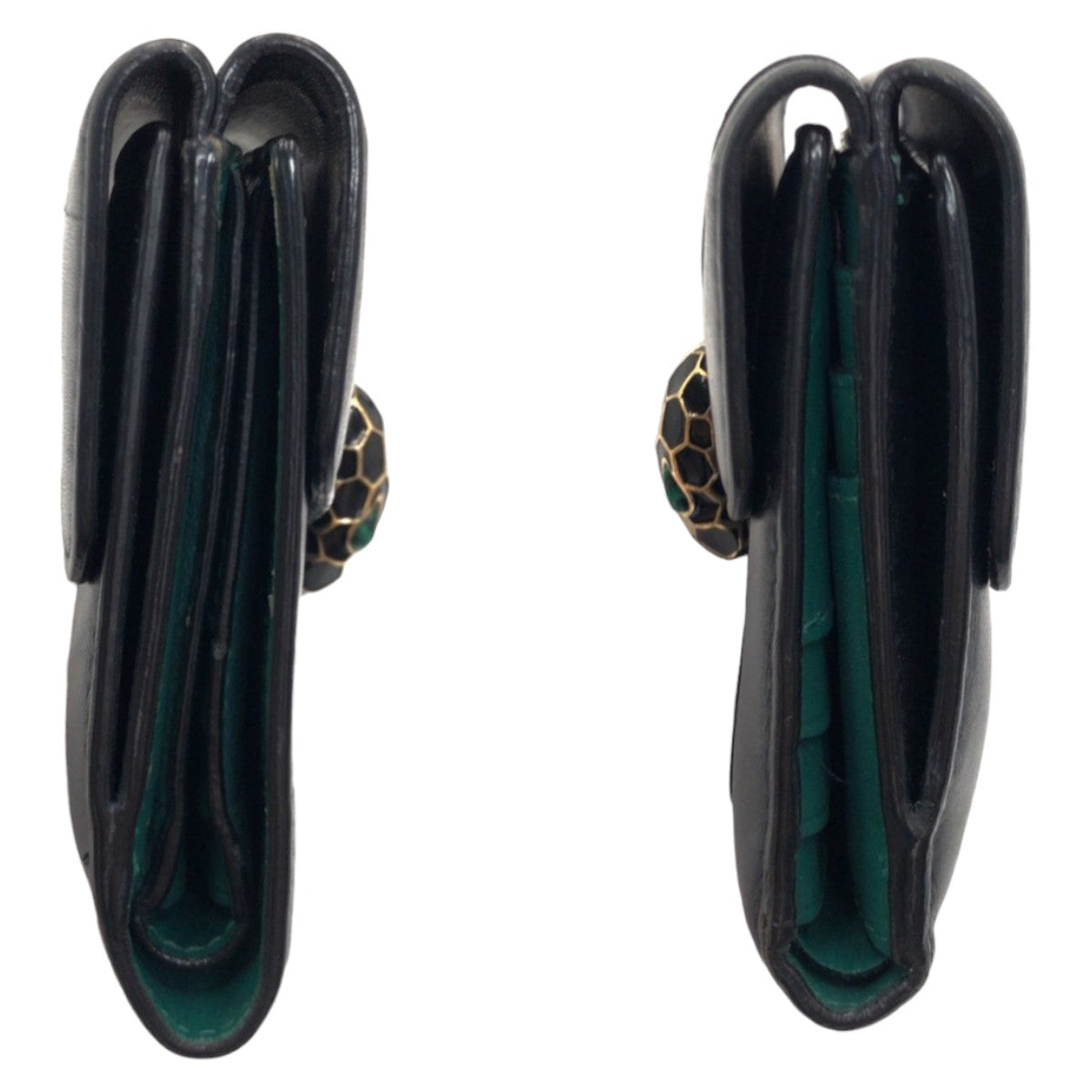 BVLGARI ブルガリ セルペンティ  ブラック 黒 グリーン 緑 ゴールド金具 レザー 三つ折り財布 折財布 コンパクトウォレット  レディース