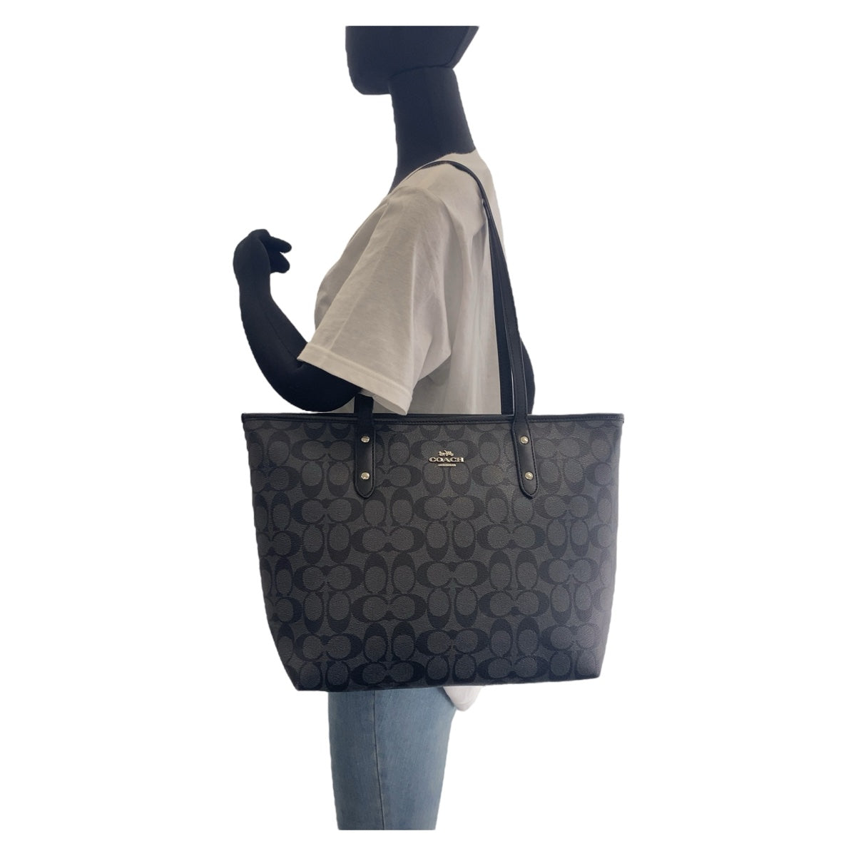 COACH コーチ シグネチャー ブラック グレー 黒 シルバー金具 PVC / レザー トートバッグ ショルダーバッグ 男女兼用  レディース