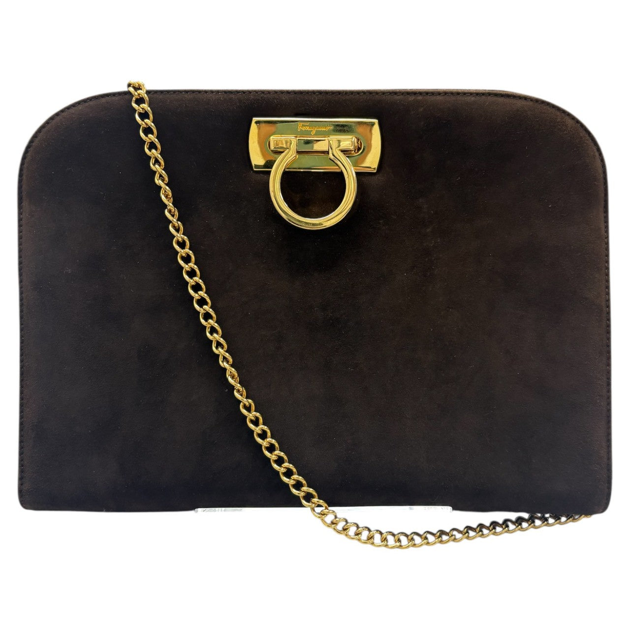 Salvatore Ferragamo Gancini Brown Gold Hardware Suede P21-0587 Shoulder Bag Clutch Bag 2way Women's A