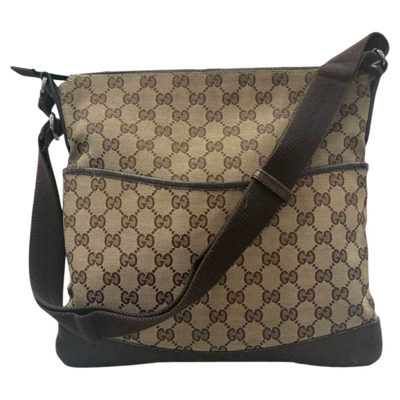 GUCCI グッチ ベージュ ブラウン シルバー金具 GGキャンバス / レザー 145857 ショルダーバッグ レディース AB