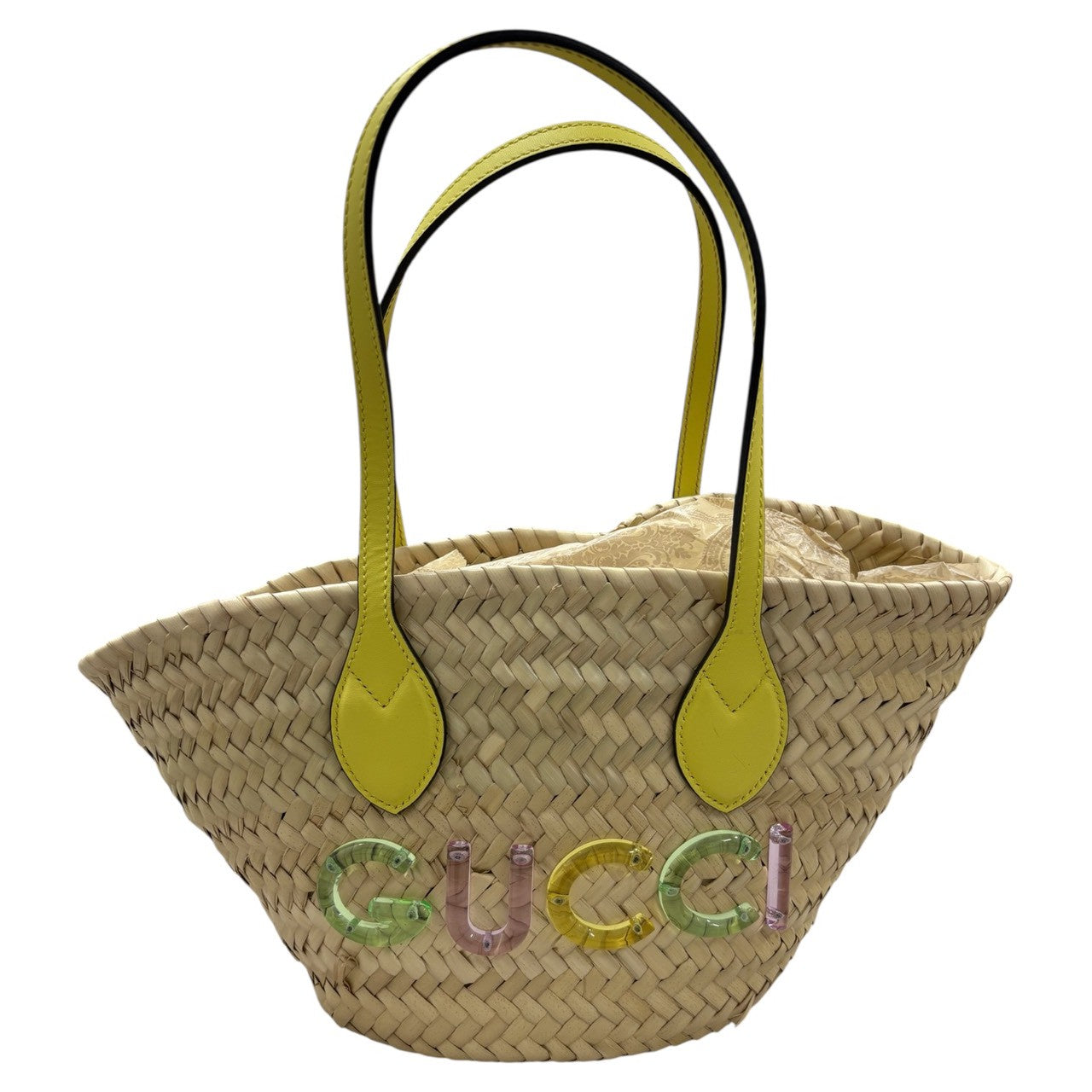 GUCCI グッチ カゴバッグ ベージュ イエロー ストロー / レザー 782381 ハンドバッグ レディース SA