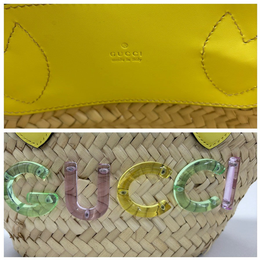 GUCCI グッチ カゴバッグ ベージュ イエロー ストロー / レザー 782381 ハンドバッグ レディース SA