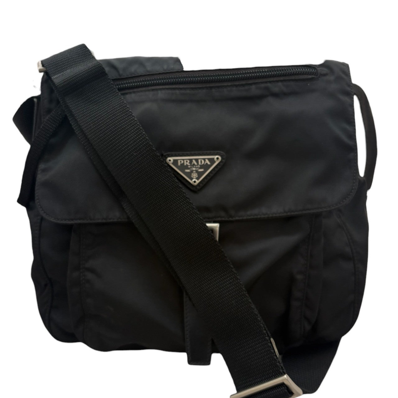 PRADA Tessuto Triangle Logo Black Silver Hardware Nylon Shoulder Bag Women's AB