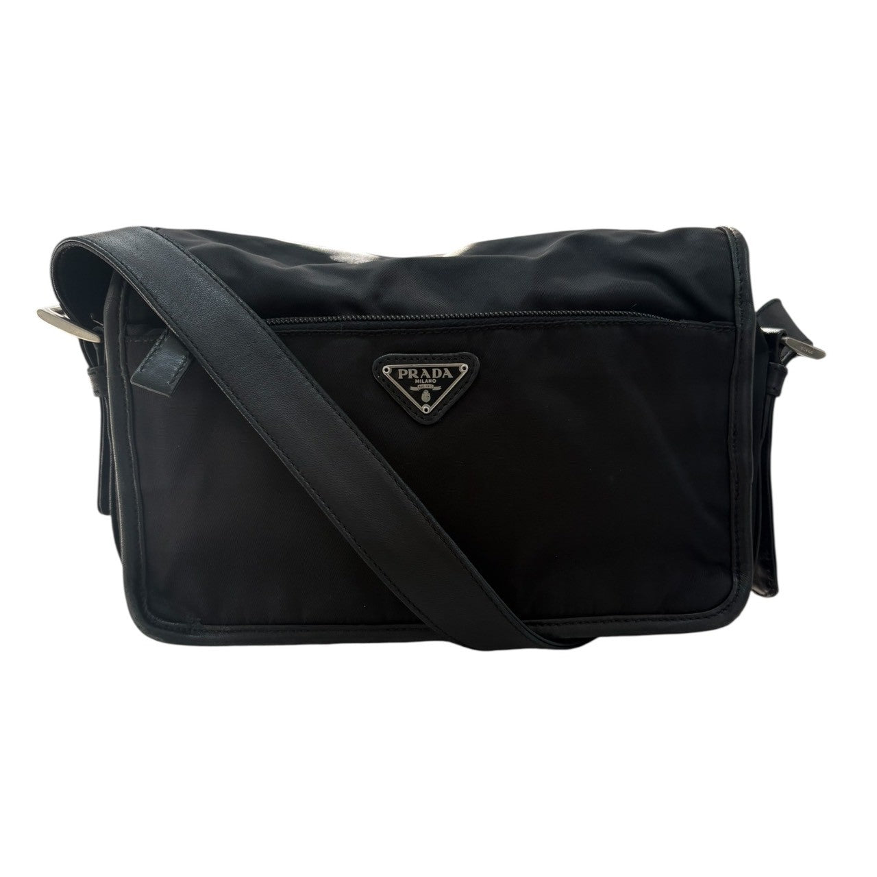 PRADA Tessuto Triangle Logo Black Silver Hardware Nylon / Leather Shoulder Bag Women's AB