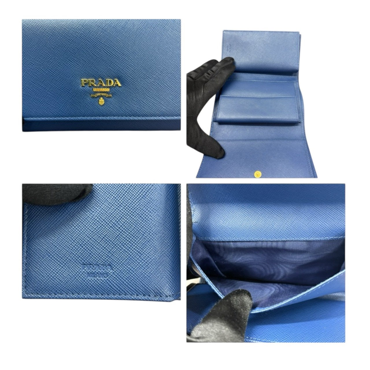 PRADA プラダ サフィアーノ ブルー ゴールド金具 レザー 二つ折り財布 レディース S