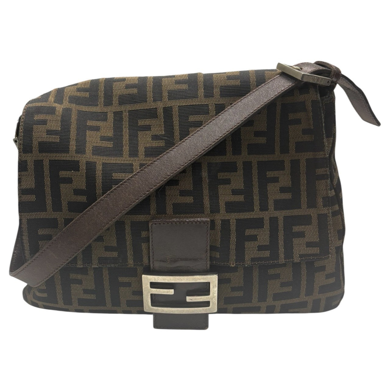 FENDI Zucca Mamma Bucket Brown Silver Hardware Canvas / Leather Shoulder Bag Ladies AB
