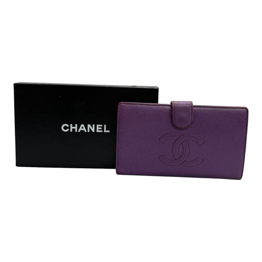 CHANEL シャネル ココマーク パープル 金具ゴールド キャビアスキン / レザー A13498 長財布 がま口財布 レディース B