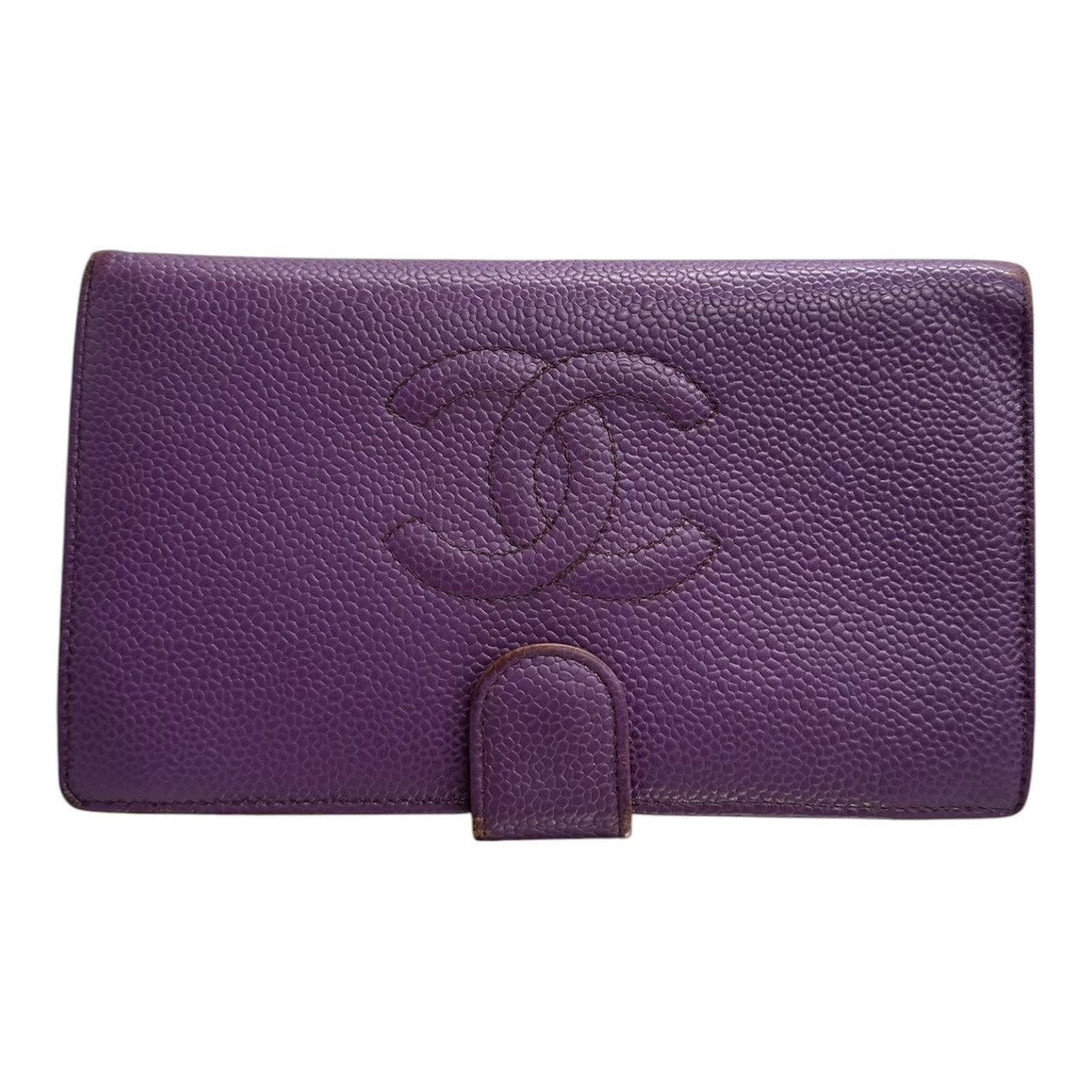 CHANEL シャネル ココマーク パープル 金具ゴールド キャビアスキン / レザー A13498 長財布 がま口財布 レディース B