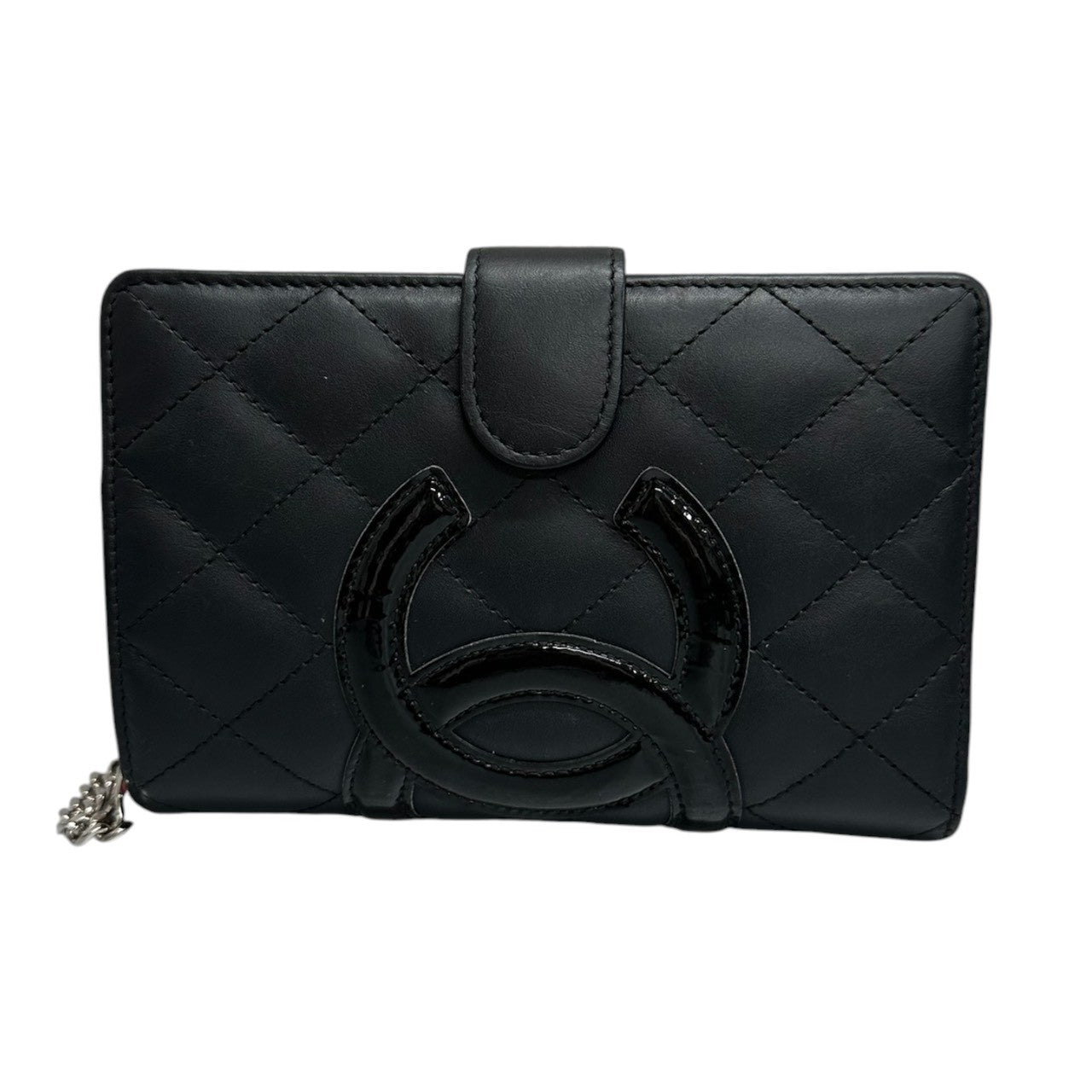 CHANEL シャネル カンボンライン ココマーク ブラック ピンク シルバー金具 レザー 二つ折り財布 レディース ABP