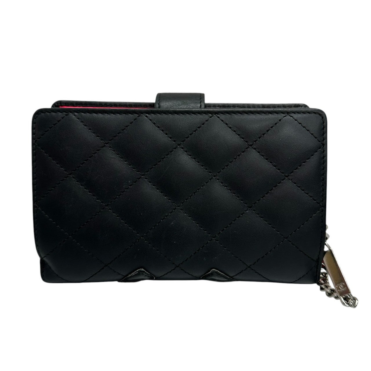 CHANEL シャネル カンボンライン ココマーク ブラック ピンク シルバー金具 レザー 二つ折り財布 レディース ABP
