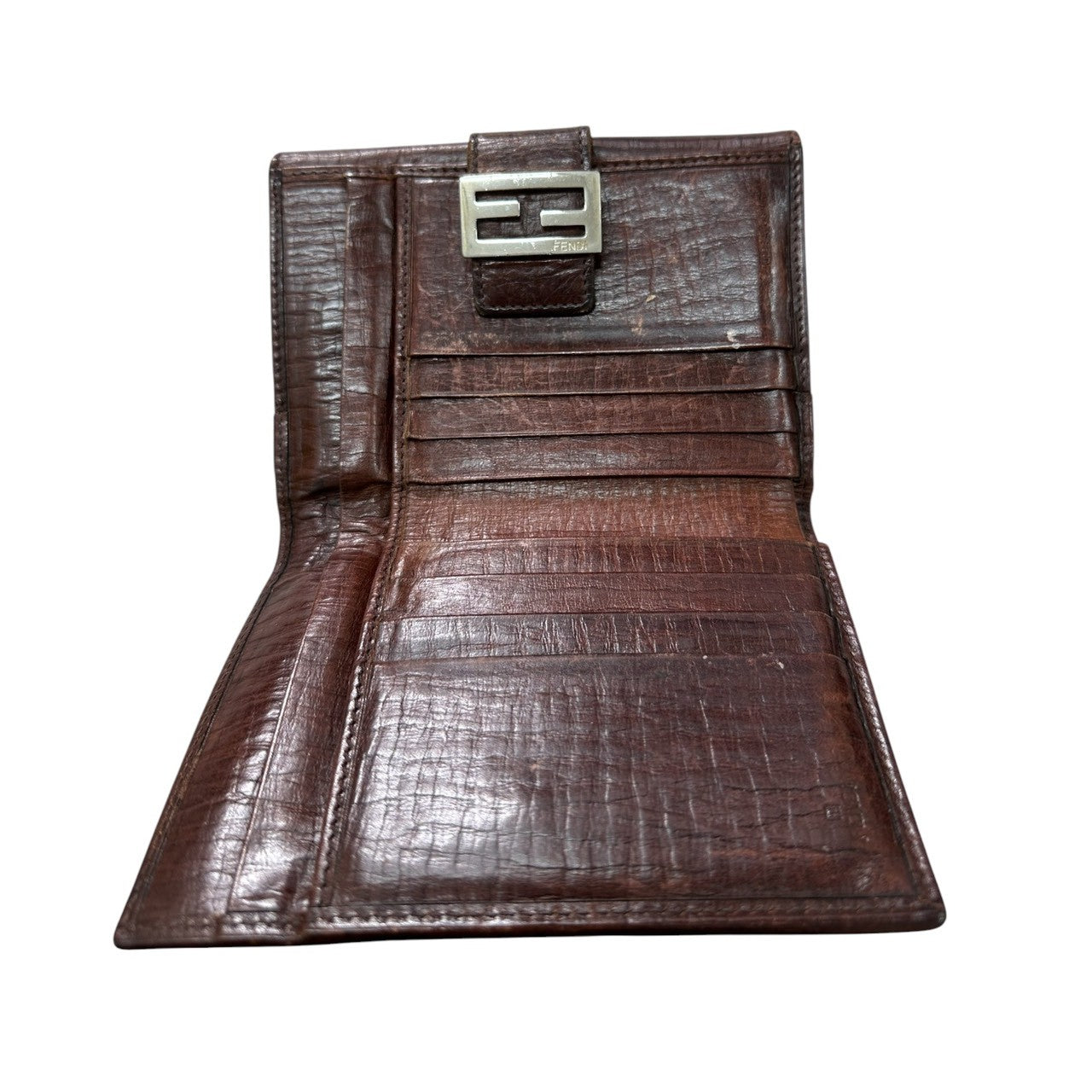 FENDI フェンディ ズッカ ブラウン シルバー金具 レザー 二つ折り財布 レディース B