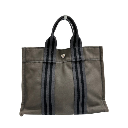HERMES エルメス フールトゥ グレー ブラック キャンバス ハンドバッグ トートバッグ レディース A