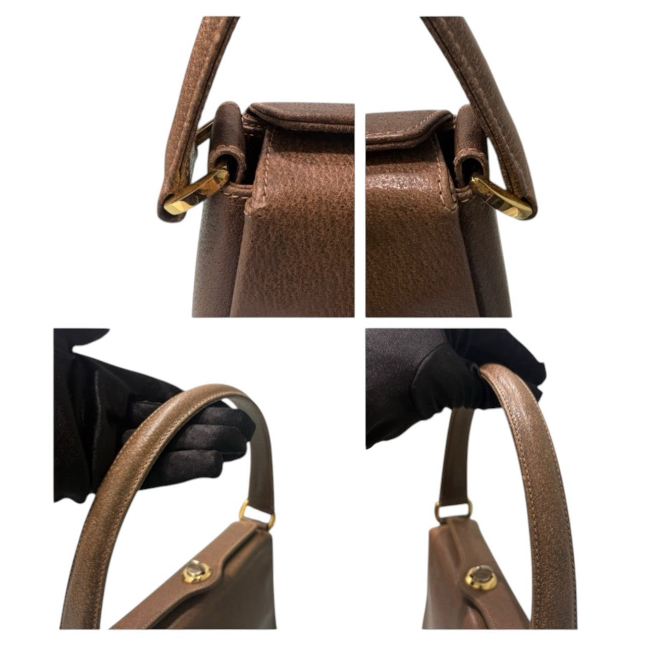 GUCCI グッチ ヴィンテージ カーフレザー ブラウン ゴールド金具 レザー ハンドバッグ レディース AB