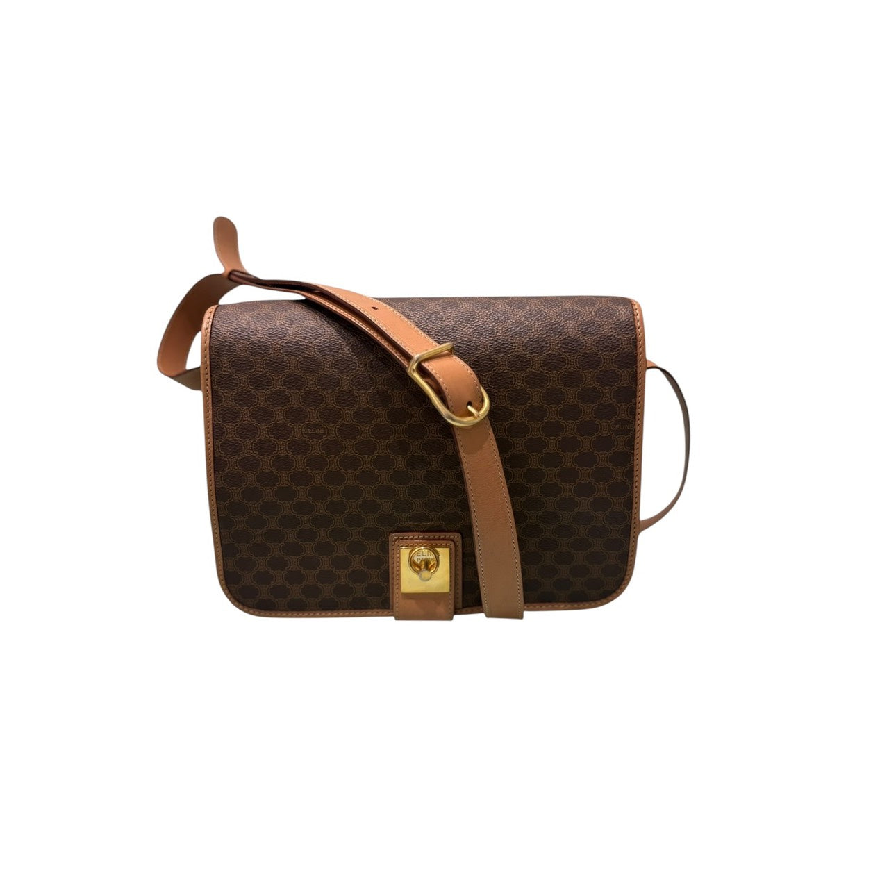 CELINE セリーヌ マカダム ブラウン ゴールド金具 レザー ショルダーバッグ レディース AB
