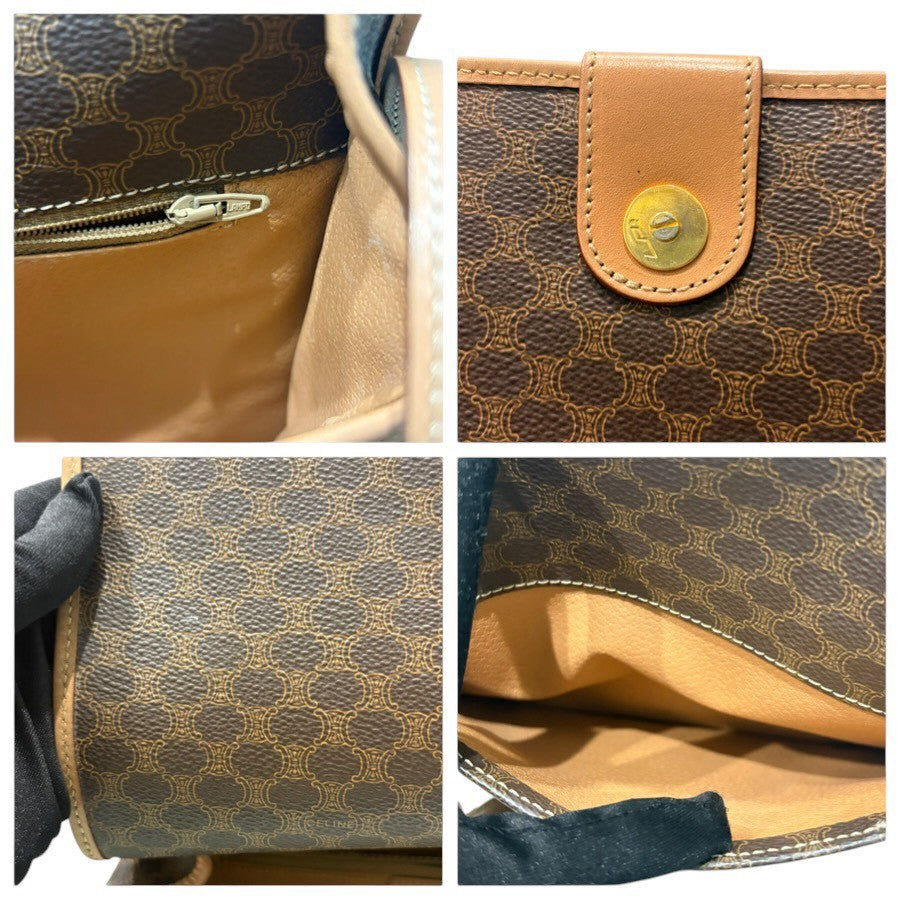CELINE セリーヌ マカダム ブラウン ゴールド金具 レザー ショルダーバッグ レディース AB