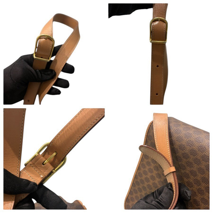 CELINE セリーヌ マカダム ブラウン ゴールド金具 レザー ショルダーバッグ レディース AB