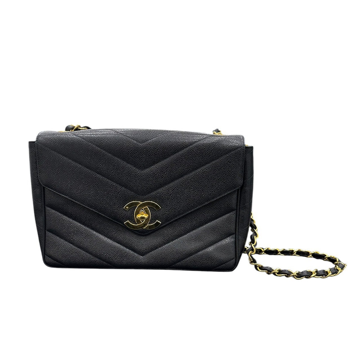 CHANEL シャネル キャビアスキン ブラック レザー ショルダーバッグ レディース AB