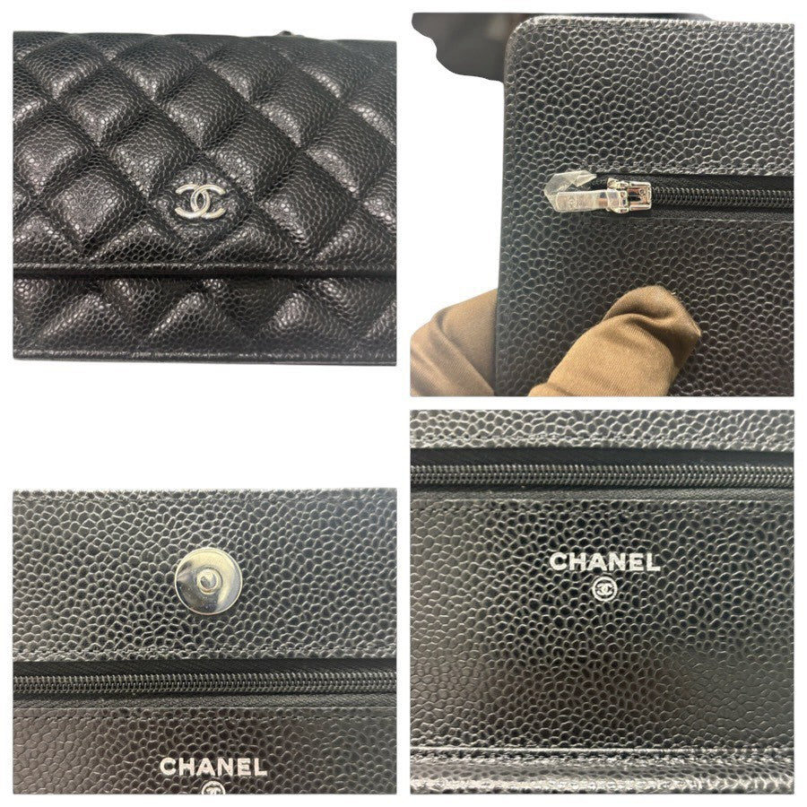 CHANEL シャネル キャビアスキン マトラッセ ブラック シルバー金具 カーフ AP0250 ショルダーバッグ ウォレットチェーン レディース AB