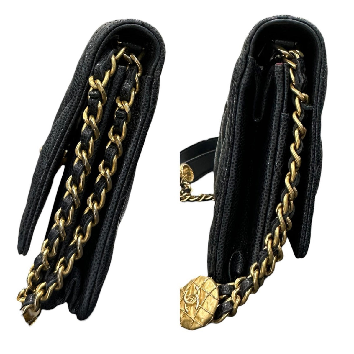 CHANEL シャネル キャビアスキン ブラック ゴールド金具 レザー ショルダーバッグ レディース AB
