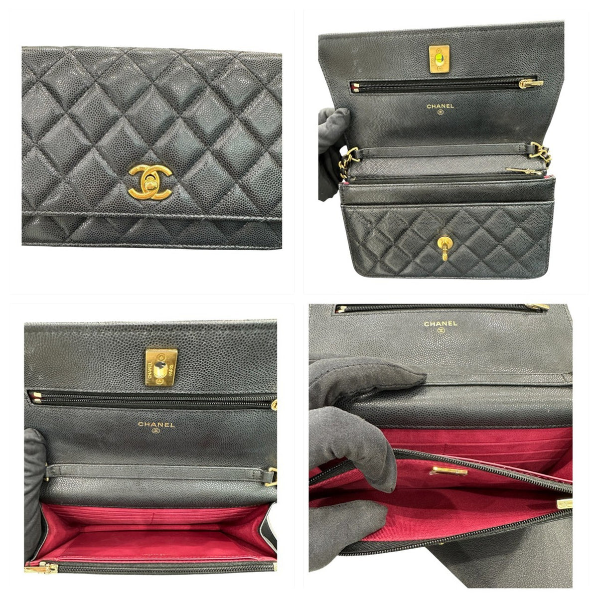 CHANEL シャネル キャビアスキン ブラック ゴールド金具 レザー ショルダーバッグ レディース AB