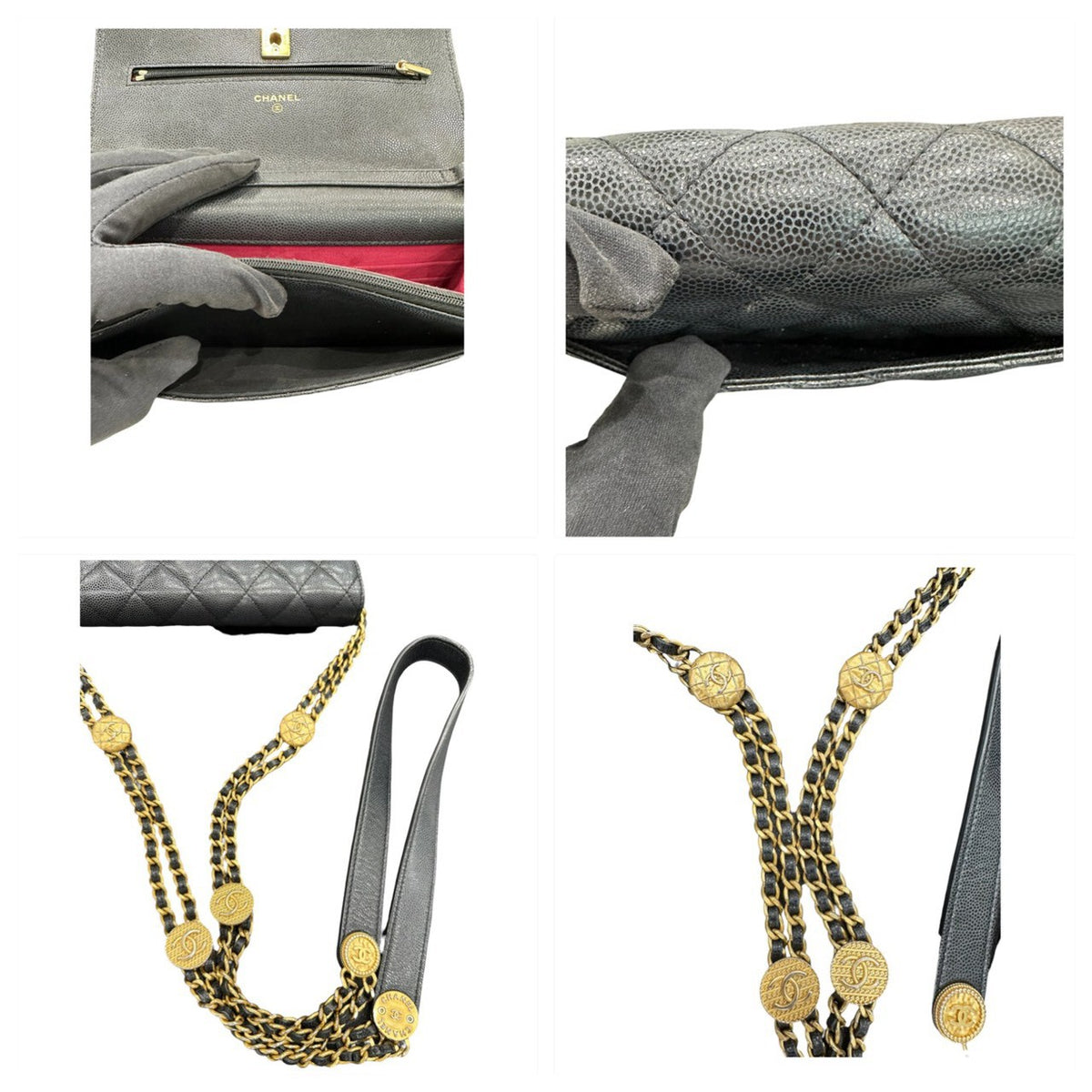CHANEL シャネル キャビアスキン ブラック ゴールド金具 レザー ショルダーバッグ レディース AB