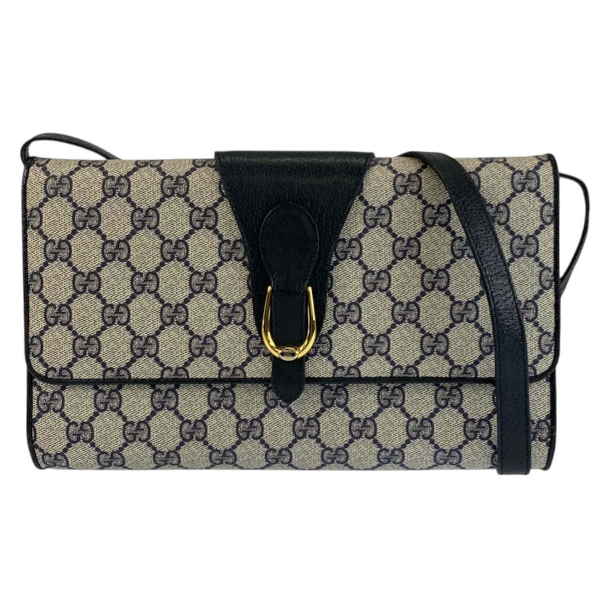 23317
GUCCI グッチ ヴィンテージ グレー ネイビー ゴールド金具 GGスプリームキャンバス / レザー ショルダーバッグ ポシェット レディース ABP35