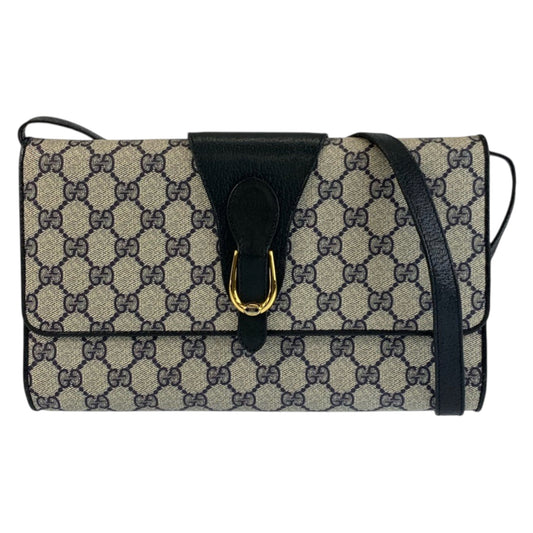 23317
GUCCI グッチ ヴィンテージ グレー ネイビー ゴールド金具 GGスプリームキャンバス / レザー ショルダーバッグ ポシェット レディース ABP35