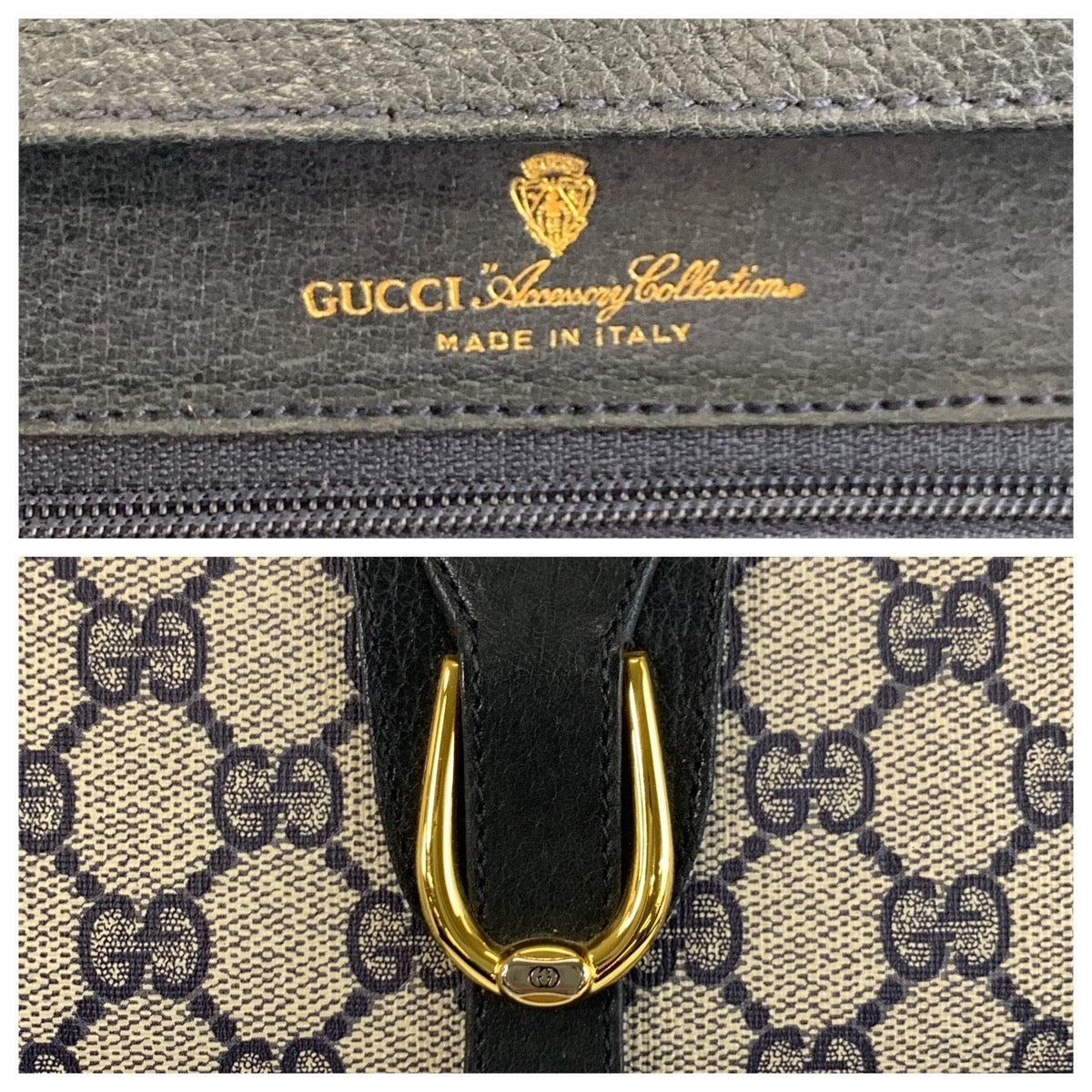 23317
GUCCI グッチ ヴィンテージ グレー ネイビー ゴールド金具 GGスプリームキャンバス / レザー ショルダーバッグ ポシェット レディース ABP35