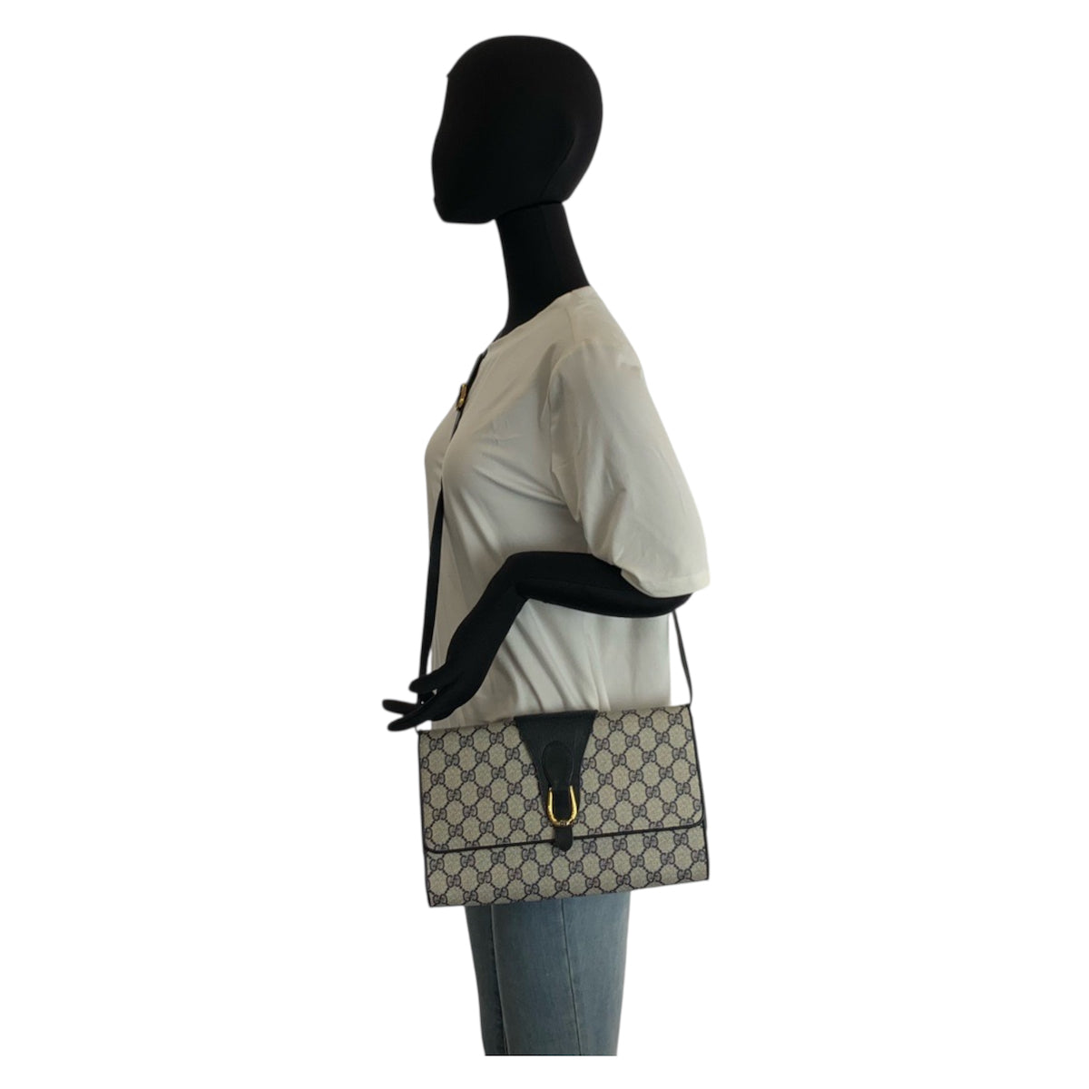 23317
GUCCI グッチ ヴィンテージ グレー ネイビー ゴールド金具 GGスプリームキャンバス / レザー ショルダーバッグ ポシェット レディース ABP35