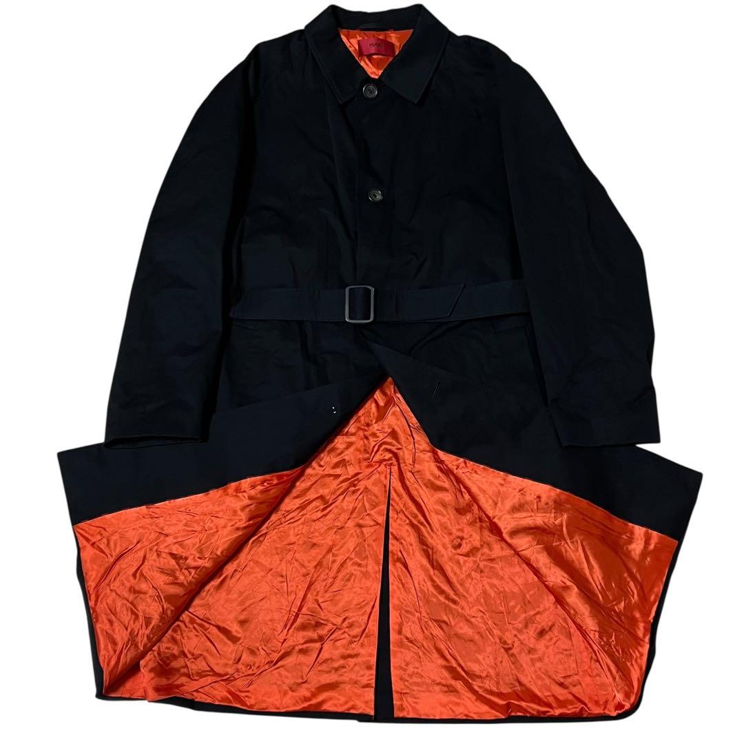 HUGO BOSS All-Over Print Belted Black Orange Cotton Single Breasted Coat Men's AB